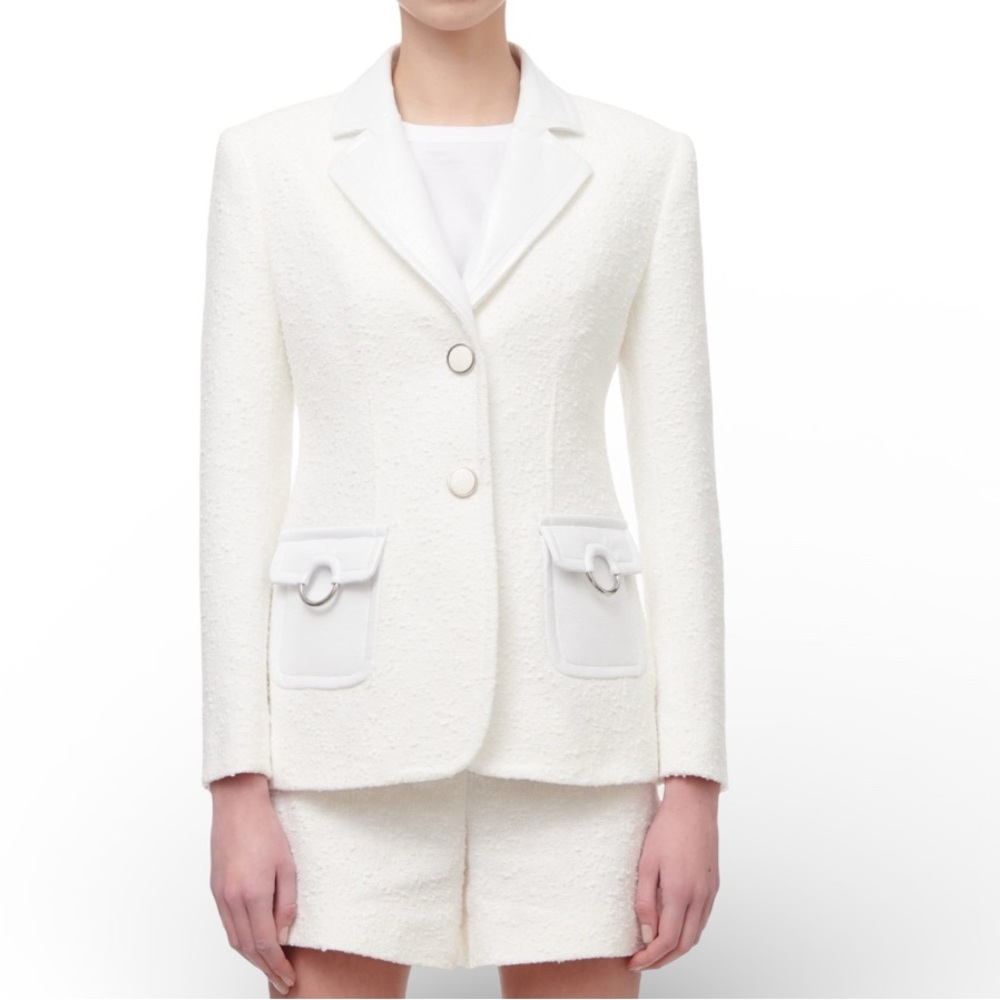 Moschino White Runway Jacket Bouclé Patent Trim Blazer Jacket Size 46 Italy NWT